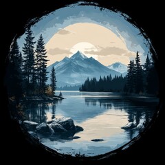 Sticker - A serene landscape featuring mountains, a lake, and trees, evoking tranquility and nature.