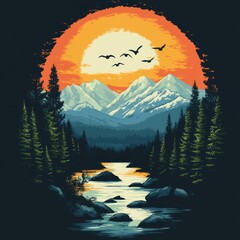 Sticker - A serene landscape featuring mountains, a river, and a vibrant sunset with flying birds.