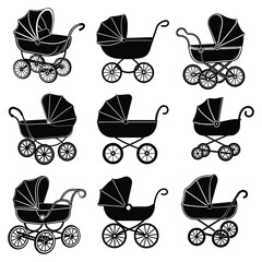 Cute baby carriage vector icon, Baby stroller silhouette black isolated on white background