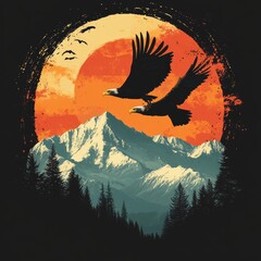 Sticker - A serene landscape featuring mountains, a sunset, and eagles in flight.