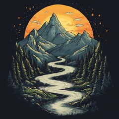 Sticker - A serene landscape featuring mountains, a winding river, and a vibrant sunset.