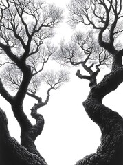 Canvas Print - A black and white image of the gnarled branches of a tree, looking up through the branches towards the sky.