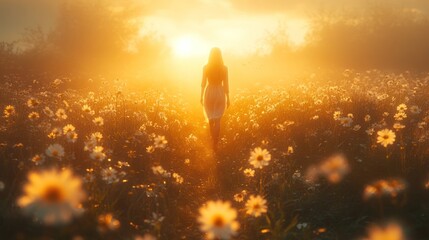 Poster - A serene figure walking through a sunlit flower field at sunset.