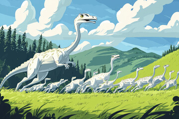 A cartoon style illustration of Gallimimus running in vibrant landscape