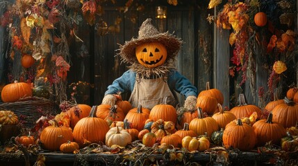 Wall Mural - thanksgiving decor banner with scarecrow centerpiece, pumpkins, and gourds on a harvest table, creating a festive ambiance