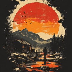 Sticker - A serene landscape with a sunset, featuring a person walking along a path by a cabin.