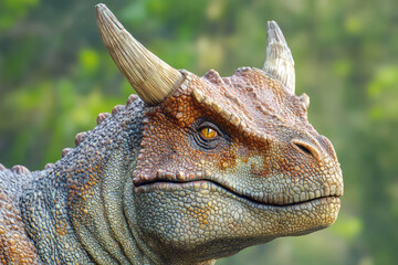 A close up of Carnotaurus showcasing unique horns and bumpy skin, exuding fierce presence