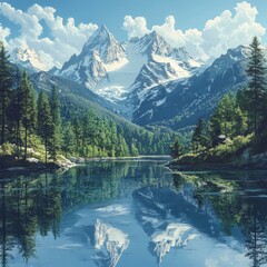 Sticker - A serene mountain landscape with a reflective lake surrounded by lush forests and peaks.