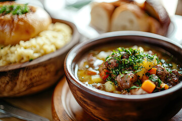 A close up of gourmet meal featuring hearty stew in wooden bowl, garnished with fresh herbs