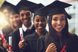 © FotoPush/peopleimages.com - Graduation, college and portrait of students with certificate for achievement, smile and success in education. Diploma, friends and happy people on university campus with solidarity at award ceremony