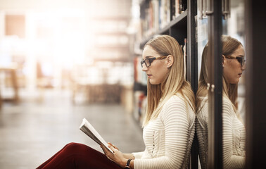 Poster - Campus, woman and college student reading book for education, learning and studying at academy. Bookshelf, school or smart girl at university library for research, course knowledge or scholarship