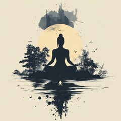 Poster - A serene silhouette of a meditating figure against a moonlit landscape and nature elements.