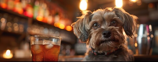 Wall Mural - Close-up of a bulldog with a cocktail, funny and adorable scene in a bar setting.