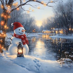 Sticker - A serene winter scene featuring a snowman by a river, illuminated by festive lights.