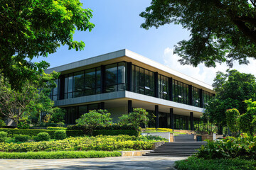 Wall Mural - A modern government office building surrounded by lush greenery and trees