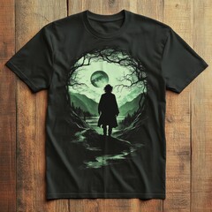 Wall Mural - A silhouette of a person stands in a mystical landscape with a full moon and trees.