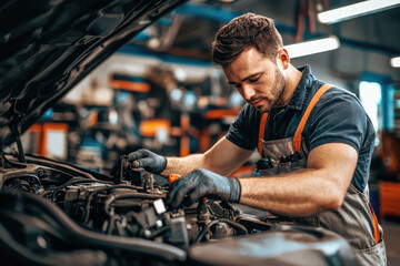 Wall Mural - A mechanic working on car engine in garage, focused and skilled