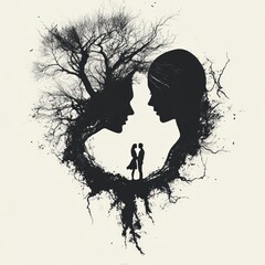 Sticker - A silhouette of two faces surrounded by trees, symbolizing love and connection.