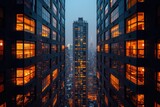 Buildings are lit up at night in a city with tall buildings, luxury apartment building