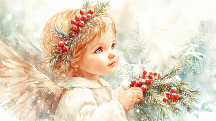 a young angel with blonde hair wearing a berry crown, holding branches with red berries in a winter 