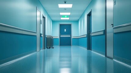 Canvas Print - Empty Hospital Corridor with Blue Walls