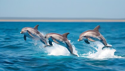 Playful dolphins leaping joyfully from vibrant blue ocean under sunny sky with clear horizon in background