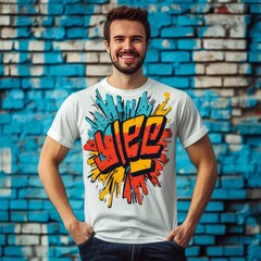 Wall Mural - A smiling man wearing a colorful graphic t-shirt stands against a brick wall.