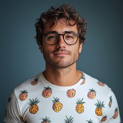 Sticker - A smiling man wearing a fruit-patterned shirt against a blue background.