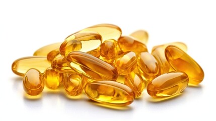 Close-up of omega-3 fish oil capsules on a white background