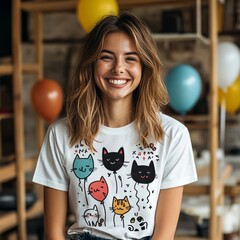 A smiling woman wearing a cat-themed shirt with balloons in a festive setting.