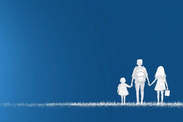 Silhouette of a family holding hands on a blue background with copyspace. Ideal for banners, family-focused marketing, or web design. Simplistic illustration showing parents and child walking together