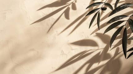 Poster - Beige wall with plant leaf shadows for product ad banner.