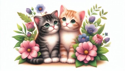 Adorable illustrated kittens surrounded by vibrant flowers, perfect for pet lovers, greeting cards, and children's products.