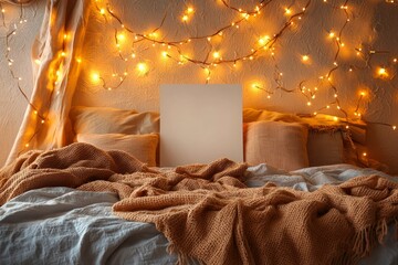 Poster - Cozy Bedroom with Knitted Blanket and Fairy Lights