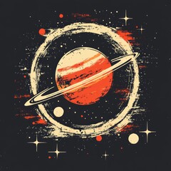 Poster - A stylized illustration of a planet with rings, surrounded by stars and cosmic elements.