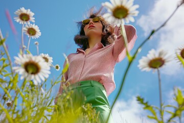 A young girl joyfully plays in a sunny field of daisies, adjusting her sunglasses and soaking in the summer warmth