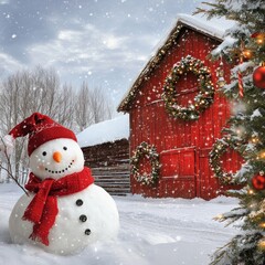 Poster - A snowy scene featuring a snowman, a red barn, and a decorated Christmas tree.