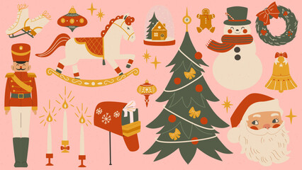 Set of element Merry Christmas in retro style.  Vintage christmas and new year elements. 50s