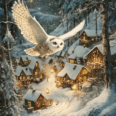 Poster - A snowy village scene with an owl flying over warmly lit houses.