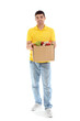 © Pixel-Shot - Young man with grocery box on white background
