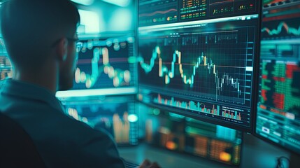 A male trader at work on a computer with a multi-monitor workstation with various charts and digital data. Operational data analysis. Design for banner, flyer, poster, cover or brochure.