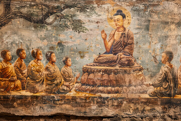 Wall Mural - A painting of a man sitting on a lotus flower surrounded by a group of people.