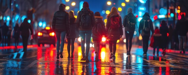 Wall Mural - Group of friends walking through a wet, neon-lit street at night, reflecting city lights. Free copy space for banner.