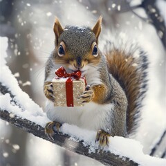 Sticker - A squirrel holding a small gift box in a snowy environment.