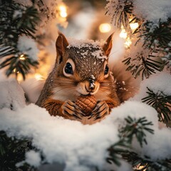 Sticker - A squirrel holding a pine cone surrounded by snow and festive lights in a winter setting.