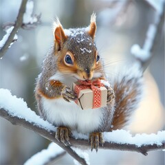 Sticker - A squirrel holding a small gift box while perched on a snowy branch.