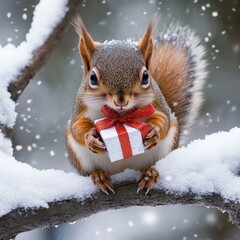 Poster - A squirrel holding a small gift on a snowy branch, creating a festive winter scene.