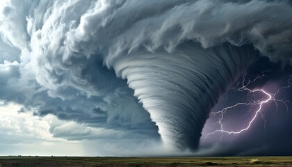 Wall Mural - Intense tornado with lightning striking in a stormy sky above a desolate landscape, illustrating natures raw and dramatic power.