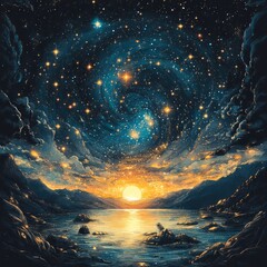 Canvas Print - A stunning cosmic landscape featuring a swirling galaxy above a tranquil sunset over water.