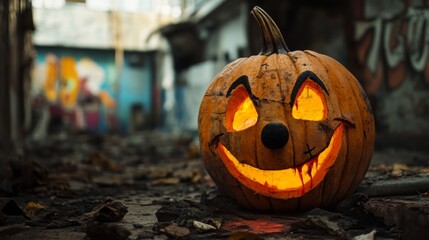 Canvas Print - A Carved Pumpkin with a Glowing Face in an Abandoned Location